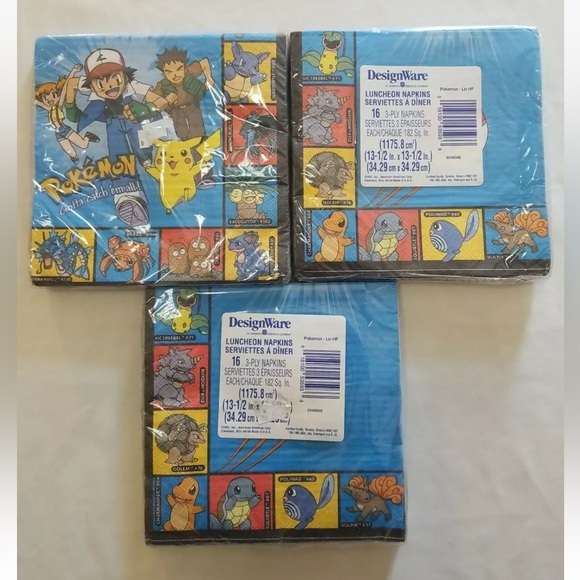 Vintage Pokemon Pikachu Party Napkins DesignWare 16 COUNT. New 3-ply LOT OF 3. - Picture 1 of 6